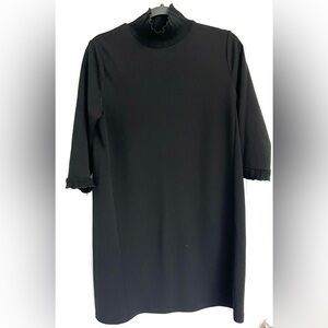 Zara Elegant 3/4 Sleeve Ruffle Mock neck Black Shift Dress Size Small